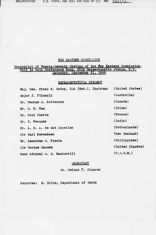 『Transcript of Twenty-Seventh Meeting of the Far Eastern Commission, Held in Main Conference Room, 2516 Massachusetts Avenue, N.W., Saturday, September 21, 1946』(標準画像)