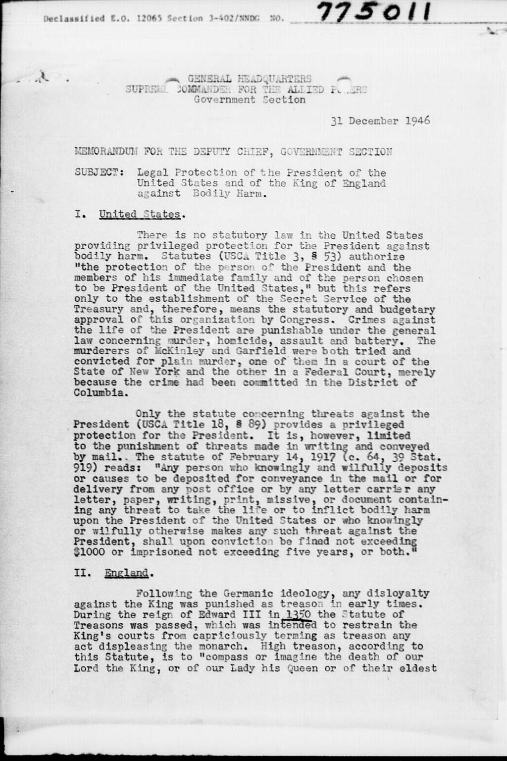 [Memorandum for the Deputy Chief, Government Section. Subject: Legal Protection of the President of the United States and of the King of England against Bodily Harm](Larger image)