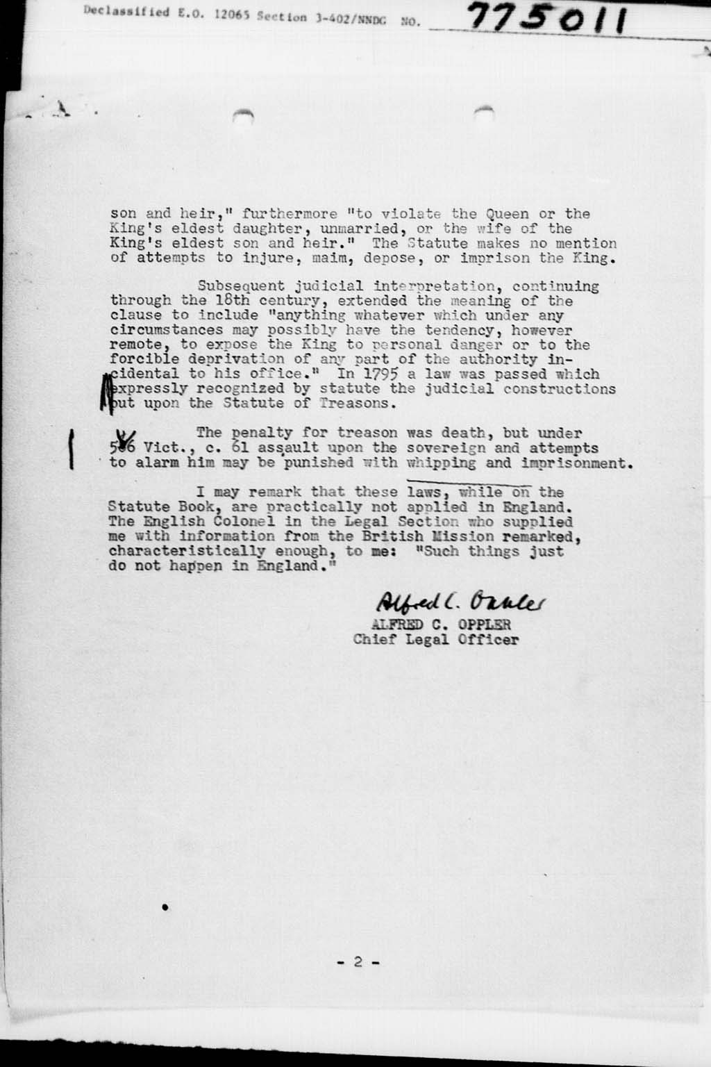 [Memorandum for the Deputy Chief, Government Section. Subject: Legal Protection of the President of the United States and of the King of England against Bodily Harm](Larger image)