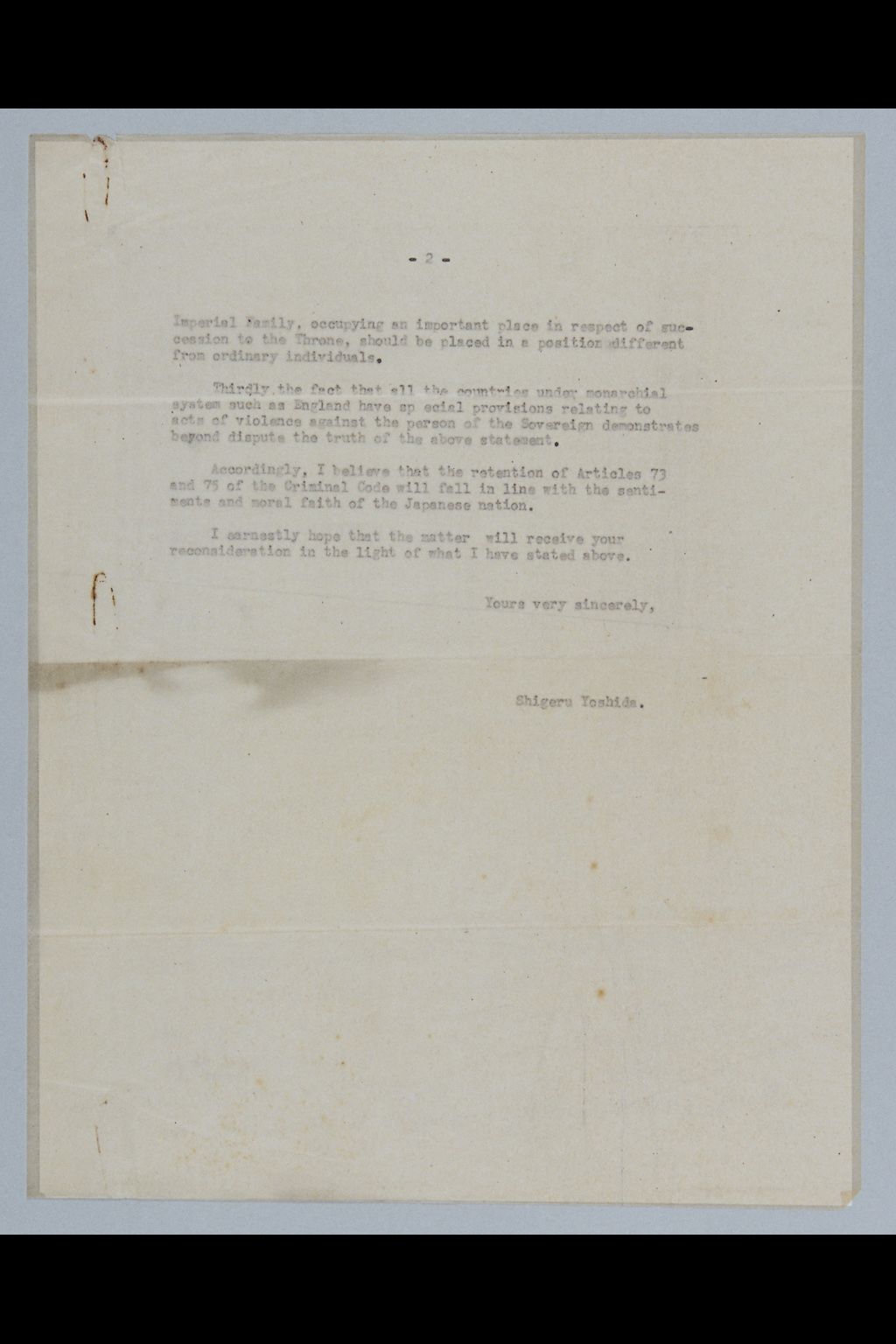 [Letter from Shigeru Yoshida to General MacArthur dated December 27, 1946](Larger image)