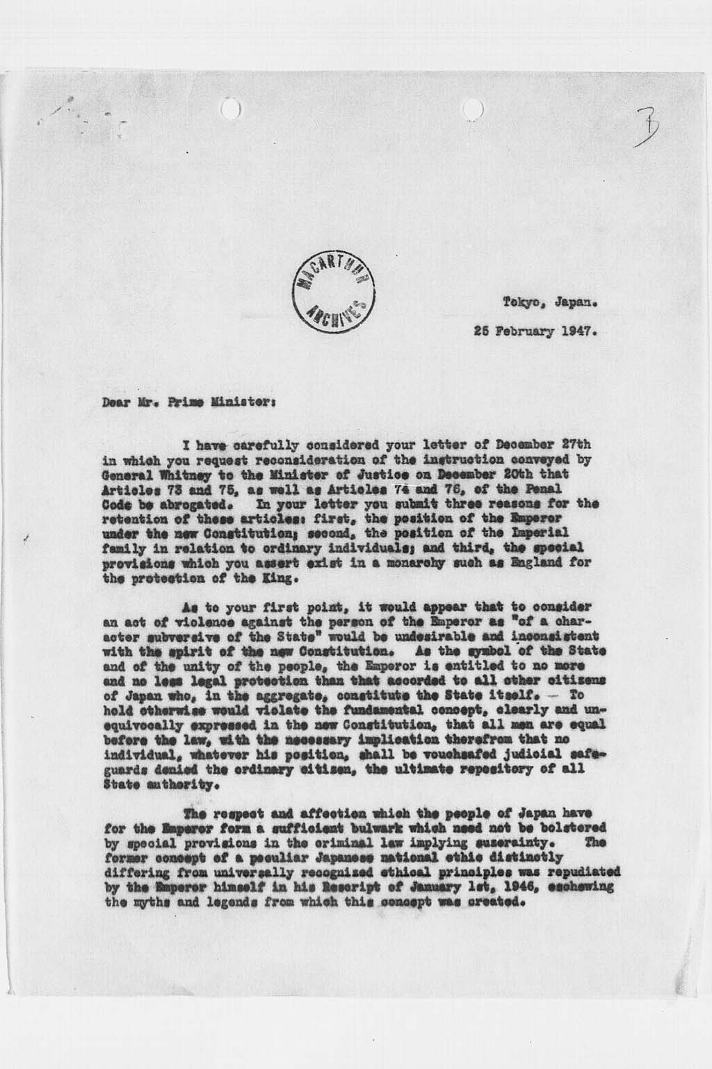 [Letter from Douglas MacArthur to Prime Minister dated 25 February 1947](Larger image)