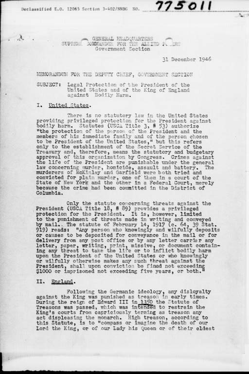 [Memorandum for the Deputy Chief, Government Section. Subject: Legal Protection of the President of the United States and of the King of England against Bodily Harm](Regular image)