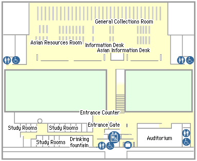 Asian Resources Room, General Collections Room, Information Desk, Study Rooms, Drinking fountain, Elevator, Rest Rooms, Facilities for handicapped, Entrance Gate, Entrance Counter, Locker Room, Auditorium