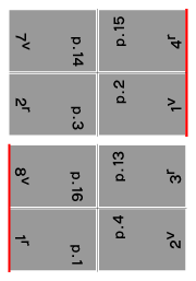 Front and back side of paper 1: Clockwise from upper left of front side, page 14, 15, 2 and 3, and on back side, page 16, 13, 4 and 1.