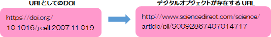 URIとしてのDOI「https://doi.org/10.1016/j.cell.2007.11.019」はデジタルオブジェクトが存在するURL「http://www.sciencedirect.com/science/article/pii/S0092867407014717」に変換されます。