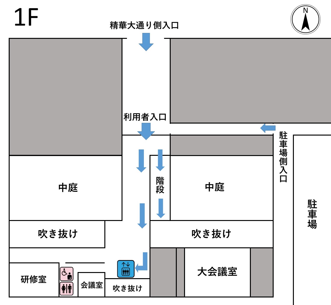 国立国会図書館関西館1階のフロア案内図です。利用者入口の位置、階段の位置、エレベーターの位置を示しています。利用者入口から真っすぐ10メートルほど進むと下り階段があります。エレベーターは、階段の右側の通路を45メートルほど進んだ先にあります。階段の手前からエレベーターまでは点字ブロックの誘導があります。