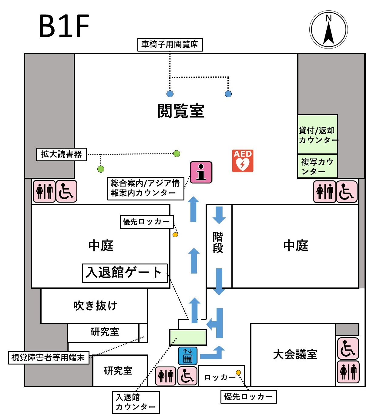 国立国会図書館関西館地下1階のフロア案内図です。車椅子用閲覧席は閲覧室内の中央北側に2か所にあります。拡大読書器は総合案内／アジア情報案内カウンターの正面と閲覧室の西側の2か所にあります。バリアフリートイレは計4か所にあり、閲覧室の東西の端に1か所ずつ、入退館カウンターの裏に１か所、地下１階フロアの南東の端に１か所あります。