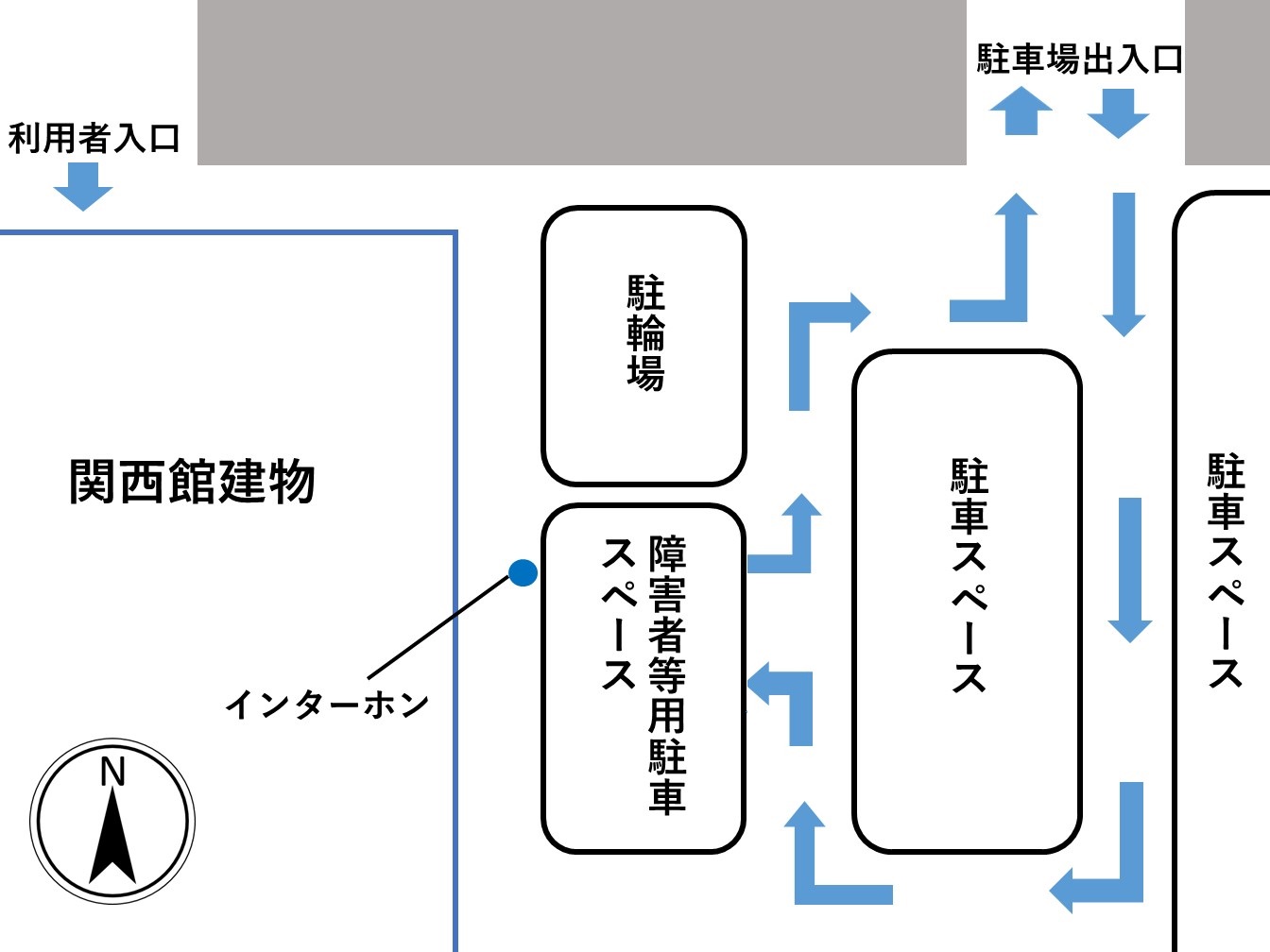 国立国会図書館関西館東側にある利用者用駐車場の図です。障害者等用駐車スペースは駐車場の西寄りにあります。駐車場の中では関西館の利用者入口に近い場所です。関西館の建物は障害者等用駐車スペースの更に西にあります。