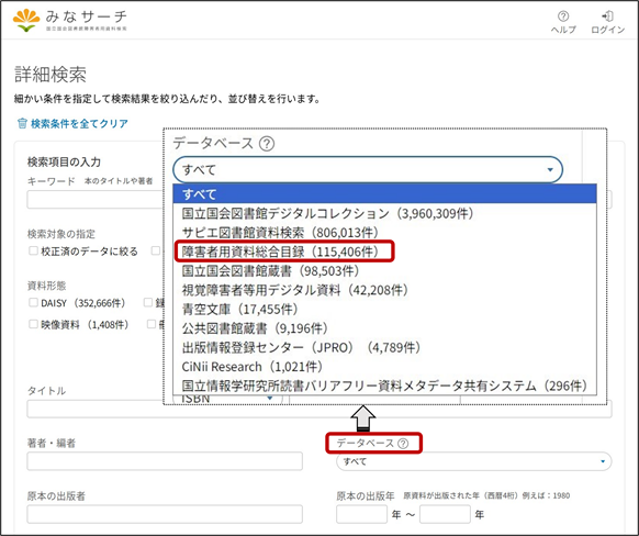 みなサーチの詳細検索画面の画像。検索項目の「データベース」において、「障害者用資料総合目録」が選択されている。