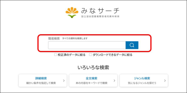 画像の説明。みなサーチのトップページです。みなサーチのロゴの下に簡易検索の検索窓があり、そのすぐ右に検索ボタンがあります。その下に「校正済のデータに絞る」と「ダウンロードできるデータに絞る」のチェックボックスがあります。さらにその下に、詳細検索ページ、全文検索ページ、ジャンル検索ページへのリンクがあります。説明終わり。