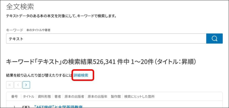 画像の説明。全文検索画面です。キーワードを入力する検索窓があり、そのすぐ右に検索ボタンがあります。その下に「テキスト」というキーワードでの検索結果件数などが表示されています。その下に結果を絞り込んだり並び替えたりするために、詳細検索へのリンクがあり、続いて検索結果の一覧が表示されています。説明終わり。