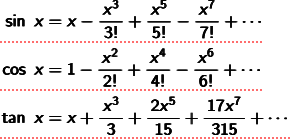 sinx=x-x3乗/3!+x5乗/5!-x7乗/7!+ ... cosx=1-x2乗/2!+x4乗/4!-x6乗/6!+ ... tanx=x+x3乗/3+2x5乗/15+17x7乗/315+ ...