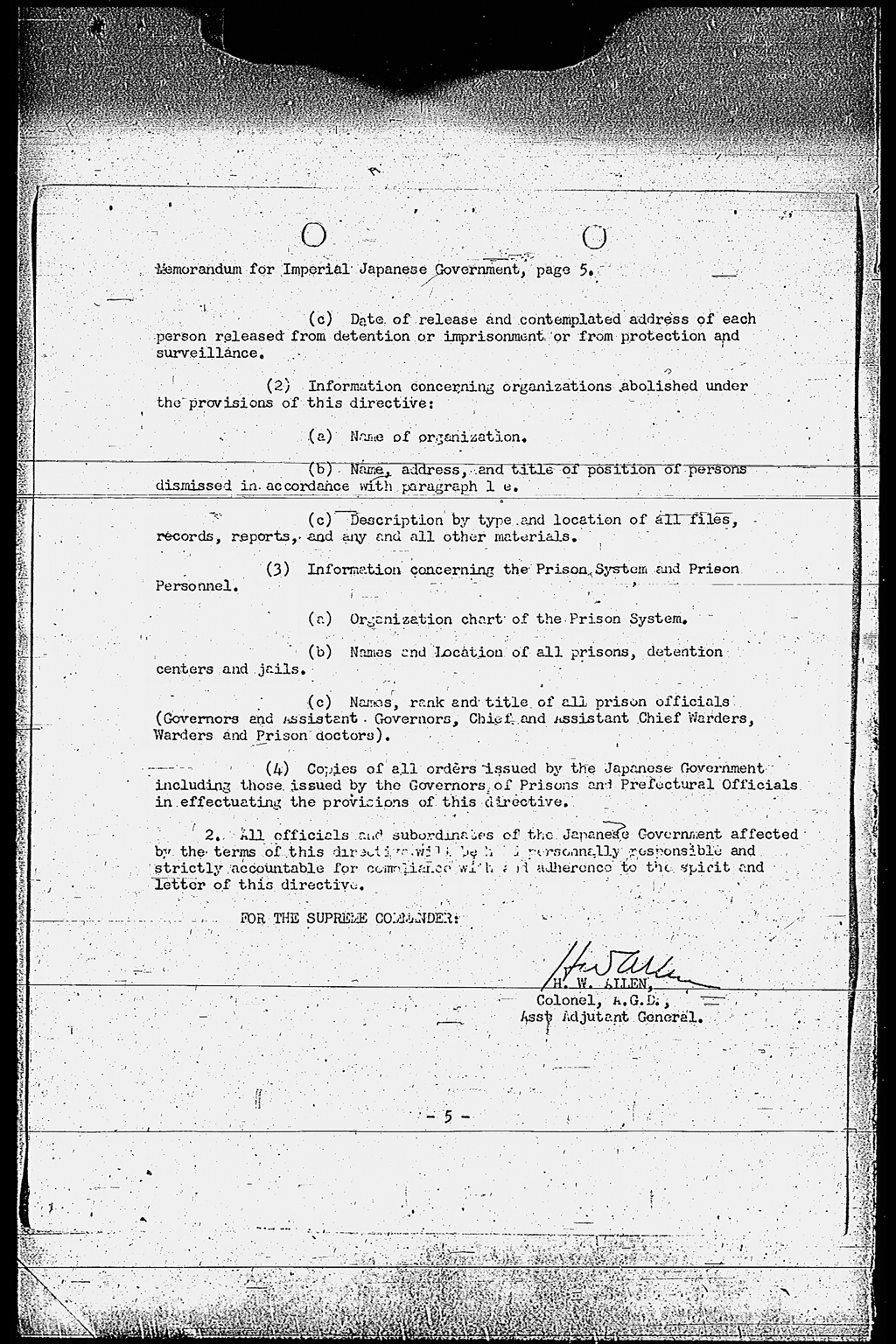 Memorandum for: Imperial Japanese Government. Through: Central Liaison Office, Tokyo. Subject: Removal of Restrictions on Political, Civil, and Religious Liberties.(SCAPIN-93)(larger)