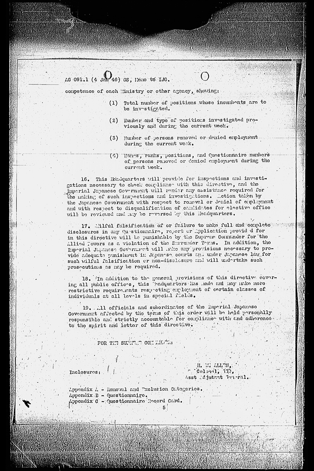 Memorandum for: Imperial Japanese Government. Through: Central Liaison Office, Tokyo. Subject: Removal and Exclusion of Undesirable Personnel from Public Office(larger)