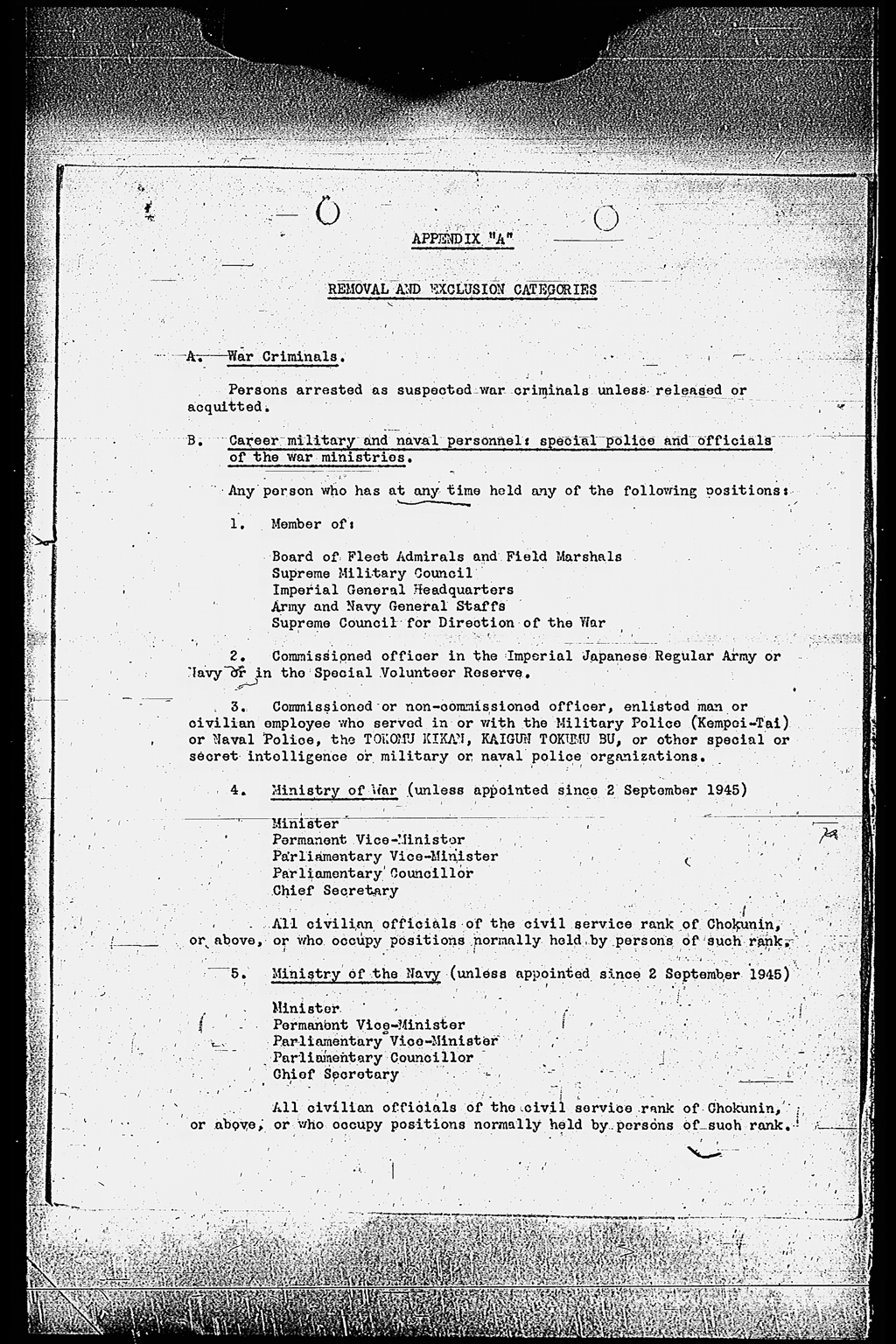 Memorandum for: Imperial Japanese Government. Through: Central Liaison Office, Tokyo. Subject: Removal and Exclusion of Undesirable Personnel from Public Office(larger)