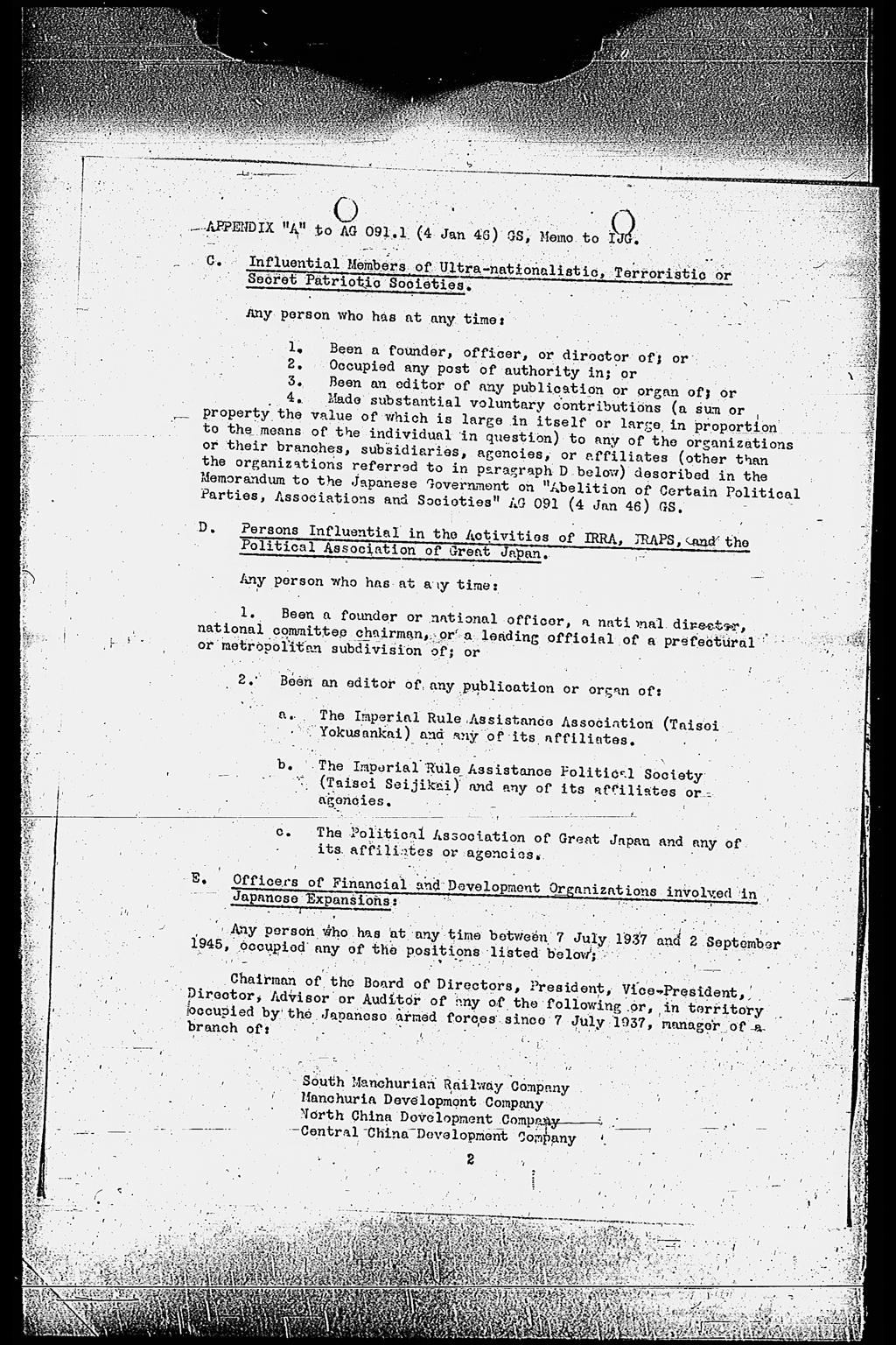 Memorandum for: Imperial Japanese Government. Through: Central Liaison Office, Tokyo. Subject: Removal and Exclusion of Undesirable Personnel from Public Office(larger)