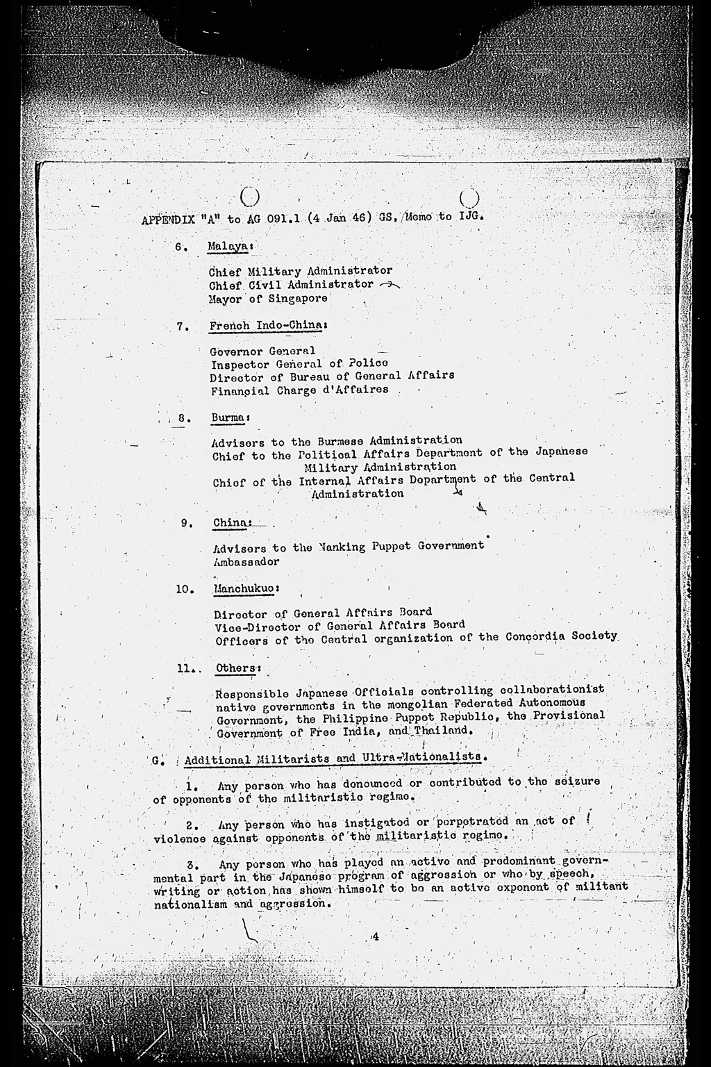 Memorandum for: Imperial Japanese Government. Through: Central Liaison Office, Tokyo. Subject: Removal and Exclusion of Undesirable Personnel from Public Office (拡大画像)