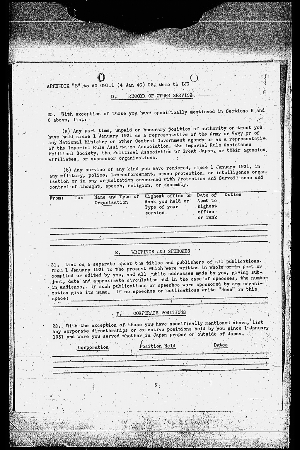 Memorandum for: Imperial Japanese Government. Through: Central Liaison Office, Tokyo. Subject: Removal and Exclusion of Undesirable Personnel from Public Office (拡大画像)