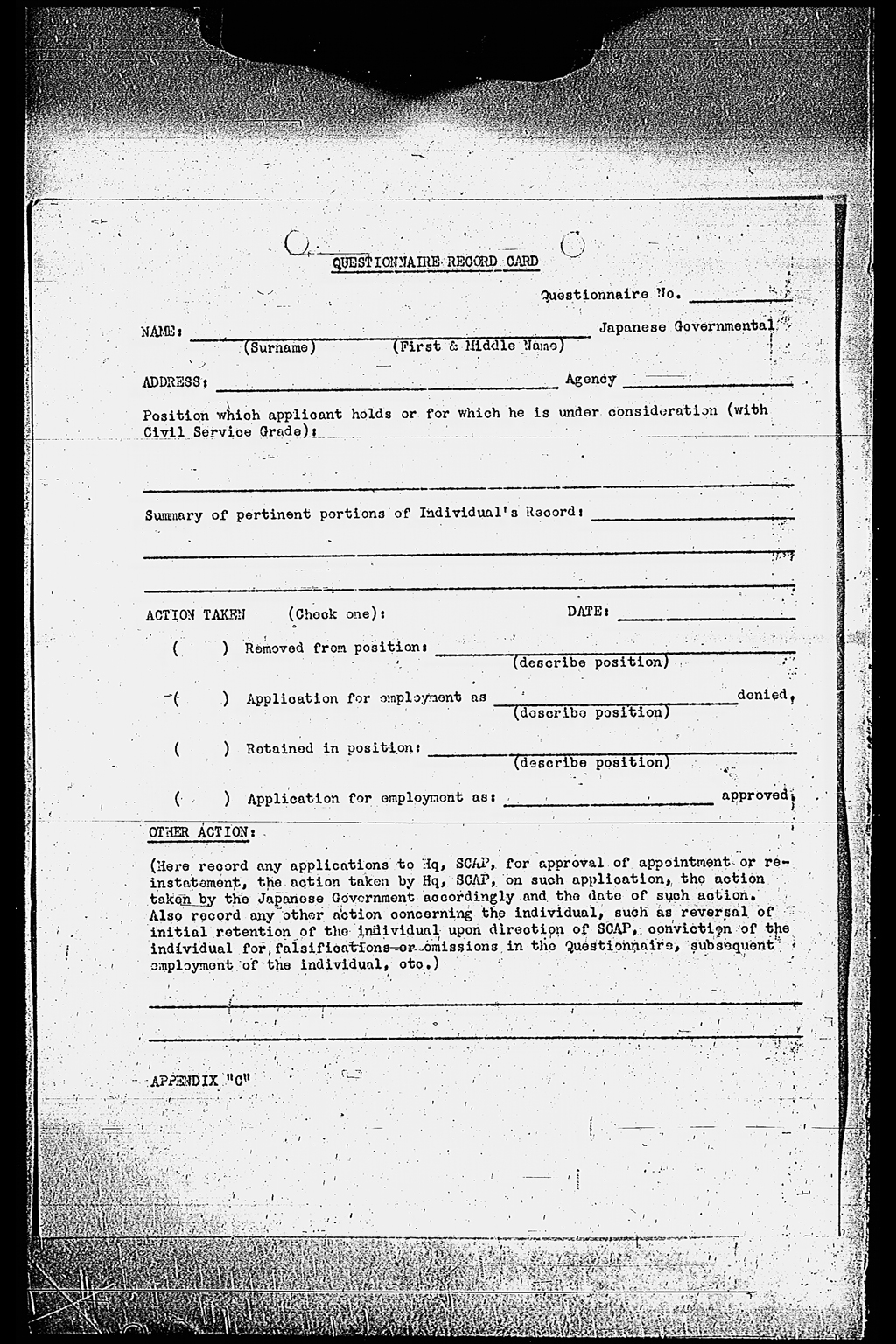 Memorandum for: Imperial Japanese Government. Through: Central Liaison Office, Tokyo. Subject: Removal and Exclusion of Undesirable Personnel from Public Office (拡大画像)