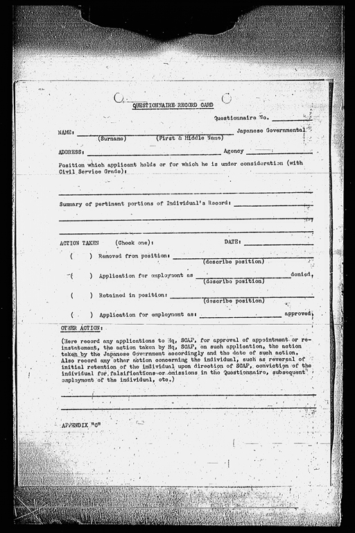 Memorandum for: Imperial Japanese Government. Through: Central Liaison Office, Tokyo. Subject: Removal and Exclusion of Undesirable Personnel from Public Office (preview)