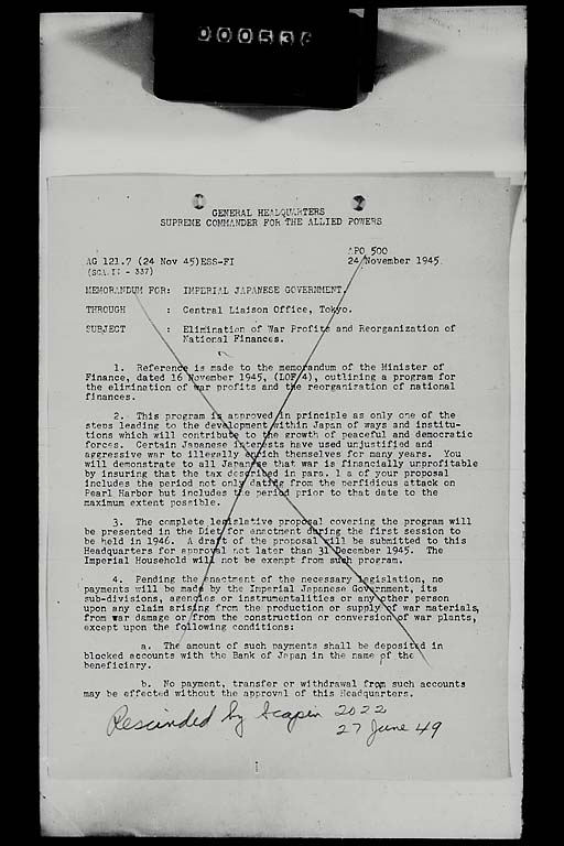 Memorandum for: Imperial Japanese Government. Through: Central Liaison Office, Tokyo. Subject: Elimination of War Profits and Reorganization of National Finance (標準画像)