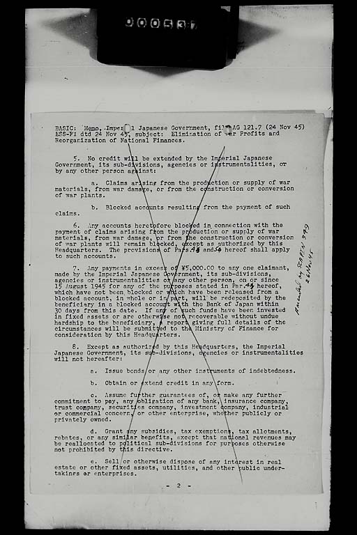 Memorandum for: Imperial Japanese Government. Through: Central Liaison Office, Tokyo. Subject: Elimination of War Profits and Reorganization of National Finance (標準画像)