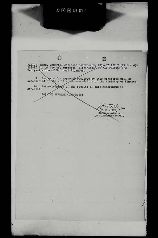 Memorandum for: Imperial Japanese Government. Through: Central Liaison Office, Tokyo. Subject: Elimination of War Profits and Reorganization of National Finance (標準画像)