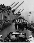 Signing ceremony for Japan's surrender on the deck of the U.S.S. Missouri in Tokyo Bay Collection of the National Archives and Records Administration From (Haiboku wo Dakishimete Vol.1)